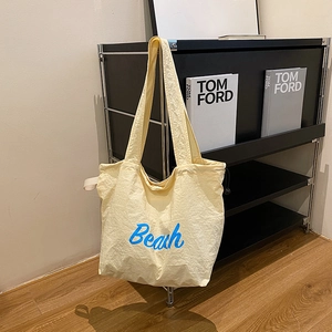 Large Capacity Canvas Tote Bag Women Shoulder Bag Beach Letter Print Lazy Style Casual Handbag Drawstring Closure