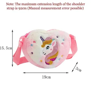 Plush heart-shaped unicorn shoulder bag for girls with size dimensions 19x15.5cm