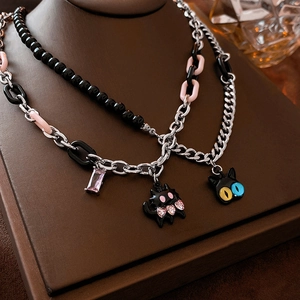 Cartoon Cat Heart Pendant Necklace Alloy Acrylic Pink Crystal Splicing Chain Sweet Cool Style For Women