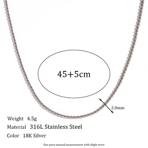 Macro shot of 2.0mm silver 316L stainless steel twisted rope chain with 45+5cm length