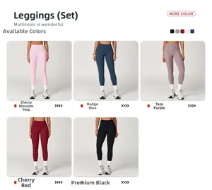 Detail view of high-waist yoga pants in five colors including cherry red and black