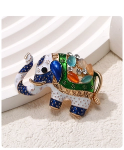 Macro detail of elephant brooch featuring colorful enamel glaze and inset rhinestones
