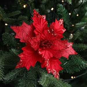 Sparkling red artificial Christmas poinsettia flower for holiday tree decoration
