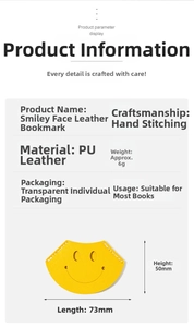 Macro detail of yellow PU leather smiley bookmark featuring neat handmade stitching work
