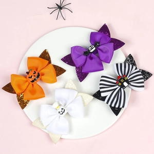 Halloween glitter bow hair clips set with pumpkin spider bat ghost resin charms