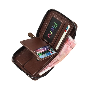 Portafoglio vintage in pelle marrone da uomo con zip e diversi scomparti carte