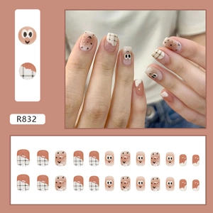 Cute large eyes and brown checkered press-on nails set for autumn and winter