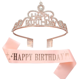 Rose gold birthday crown with rhinestones and pink happy birthday sash set on white background