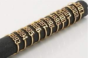 Macro view of 18K gold plated stainless steel rings with gothic year date designs