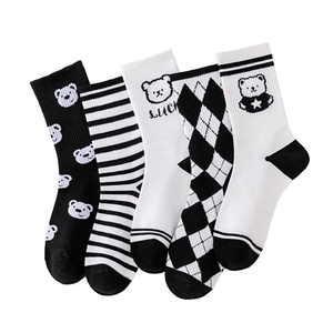 Set of 5 black and white mid-calf cotton socks with cartoon bear and checkerboard patterns