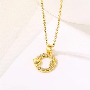 18K gold French style circular pendant necklace with heart zircon and diamond accents