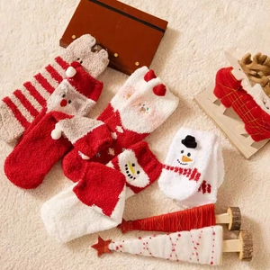 Plush Christmas coral fleece warm floor socks with cute Santa and snowman patterns