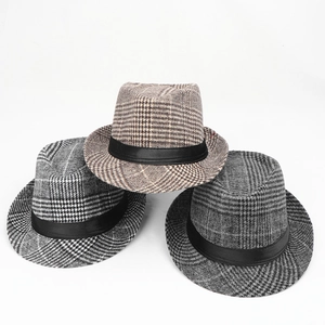 Classic British plaid fedora hats for men in khaki, grey, and black check patterns