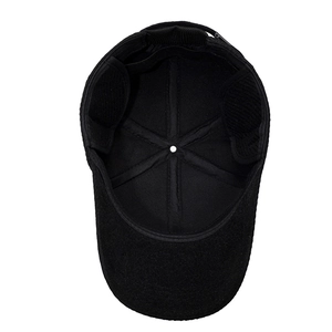 Winter men's black thermal baseball cap with fold-down ear flaps and thick lining