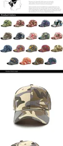 Detailed size chart and multi-color camouflage pattern options for cotton baseball caps
