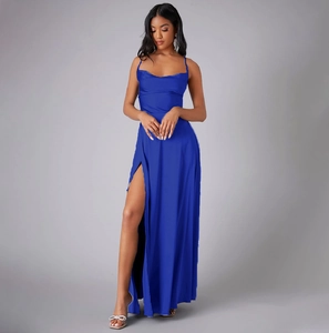 Sexy backless royal blue satin maxi dress with a high slit for formal evening events