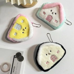 Cute house-shaped plush coin purses with embroidered faces and metal bead chains