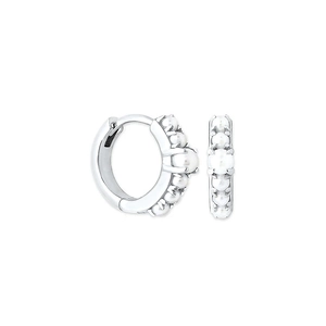 Close-up of S925 sterling silver hoop earrings with multiple white round pearls