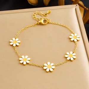 Daisy Flower Bracelet Stainless Steel Chain With Enamel Floral Charms Adjustable For Women Fresh Korean Style Jewelry
