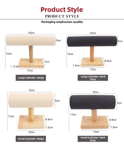 Detailed size chart for solid wood bracelet display stands in beige and dark gray colors