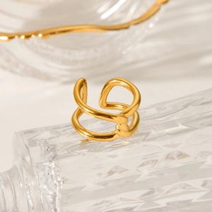 Modern knot crossover gold plated stainless steel open ring with a geometric 3D design