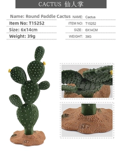 Close-up of a decorative faux cactus with yellow flowers and detailed resin texture