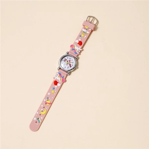 Montre licorne pour enfants avec bracelet en silicone rose et détails 3D arc-en-ciel