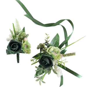 Set of two dark green PE rose boutonnieres with silk ribbons for outdoor weddings