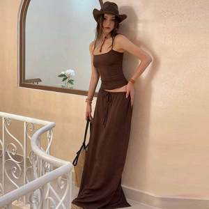 Detailed full-length view of a brown two-piece bodycon camisole and maxi skirt set