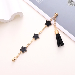 Detail of gold shoe chain with black star charms and tassel on white background