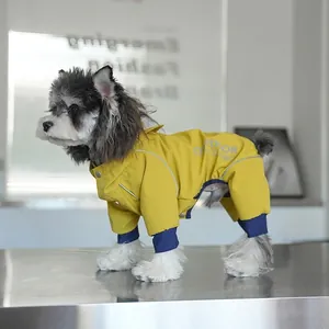 Yellow and blue waterproof pet raincoat with outdoor logo and reflective safety stripes