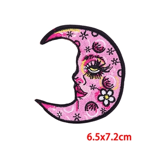 Pink crescent moon face embroidery patch with white flower and stars, 6.5x7.2cm