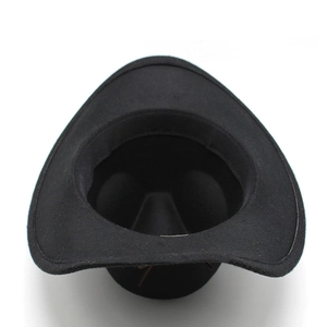 Top view of black wool felt cowboy hat showing inner sweatband and structured crown