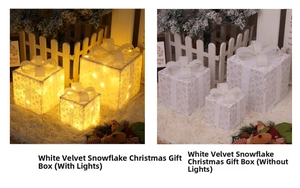 Three-piece glowing white velvet Christmas gift box set with silver snowflakes and warm LED lights