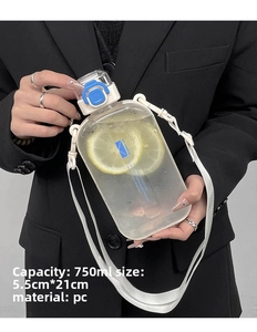 Flat transparent 750ml square water bottle with white shoulder strap and blue cap