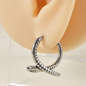 Detailed close-up of a silver snake-shaped earring worn on a model's ear