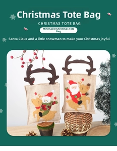 Detail view of linen Christmas gift bags with reindeer antler handles and snowman embroidery