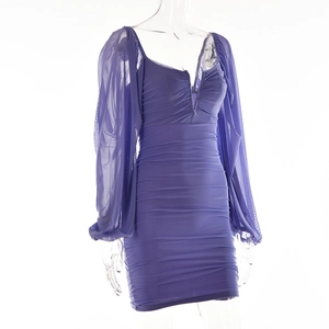 Close-up of purple V-neck mini dress featuring sheer mesh sleeves and ruched details