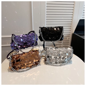 Sequin evening bags shown in purple, black, bronze, and silver with chunky chain straps