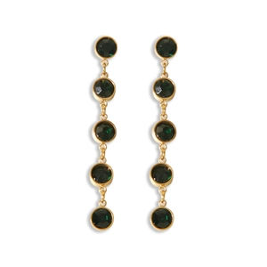 Detail of 18K gold stainless steel drop earrings with five round green faceted stones