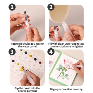 Children's watercolor painting book with 12-color solid pigments and refillable water brush