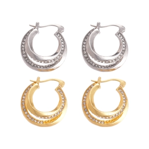 Double layered geometric hoop earrings with sparkling rhinestones in gold and silver