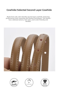 Detail of thin brown cowhide leather belt with precision stitching and adjustment holes