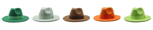 Row of wide-brim wool fedora hats in diverse colors with matching ribbon bands