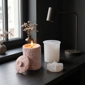Pink floral embossed candle jar resin mold with lid and finished silicone storage box