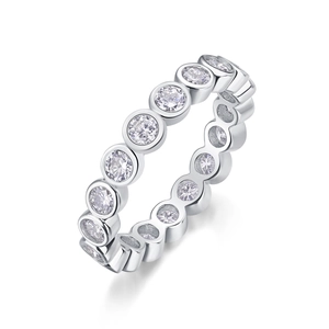 Elegant 925 sterling silver eternity ring with round-cut moissanite stones from a 45-degree angle