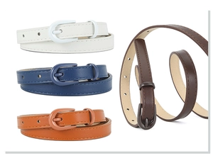 Detailed display of four slim PU leather belts in white navy orange and brown