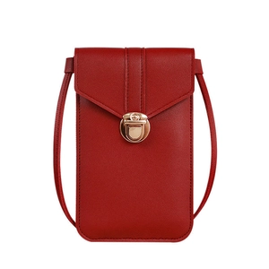 Red PU leather crossbody cell phone bag for women with golden metal clasp and strap