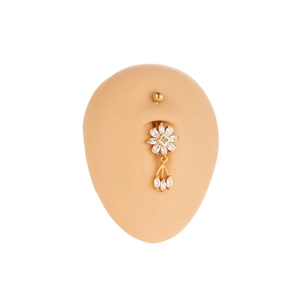 Golden flower navel ring with zircon pendants shown on a silicone body model