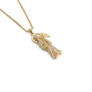 Golden Santa Muerte pendant necklace with micro-pave crystals on a boxed chain for men